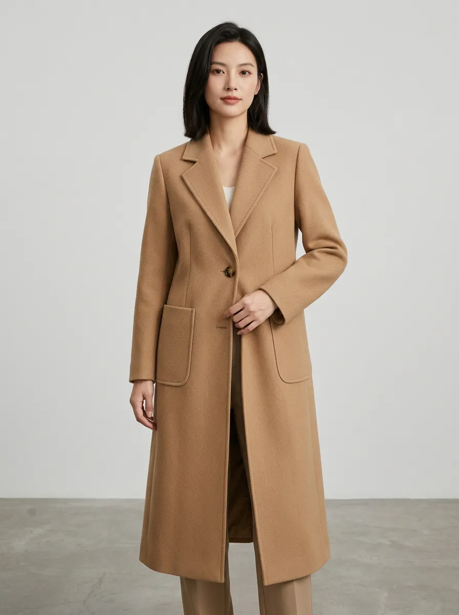Women's Camel Minimalist Solid Long Wool-Blend Coat