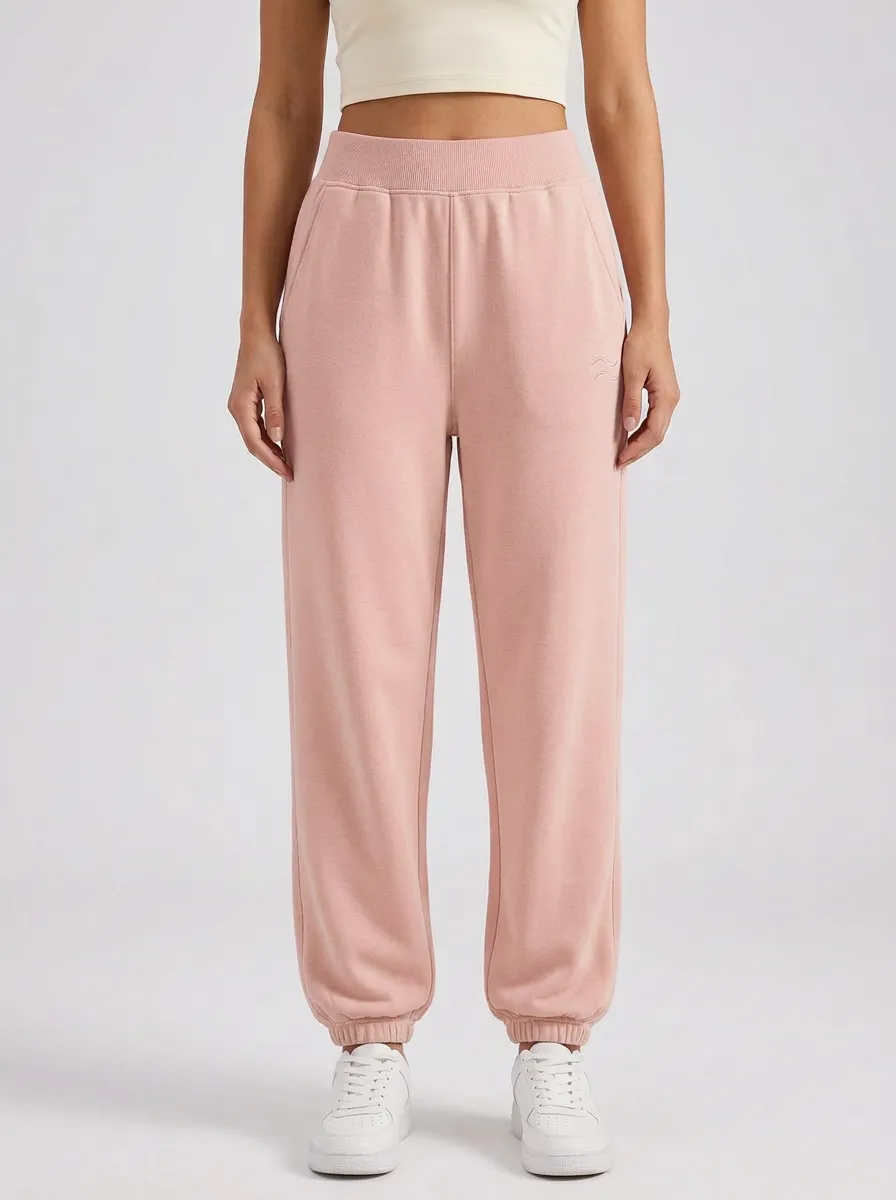 Women's Minimalist Solid Beige Embroidered Wave Jogger Pants