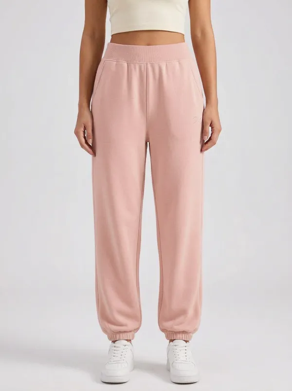 Women's Minimalist Solid Beige Embroidered Wave Jogger Pants