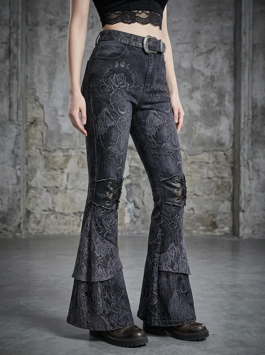 Shadow Rose Moon Wing Night Look Women's Gothic Flare Pants