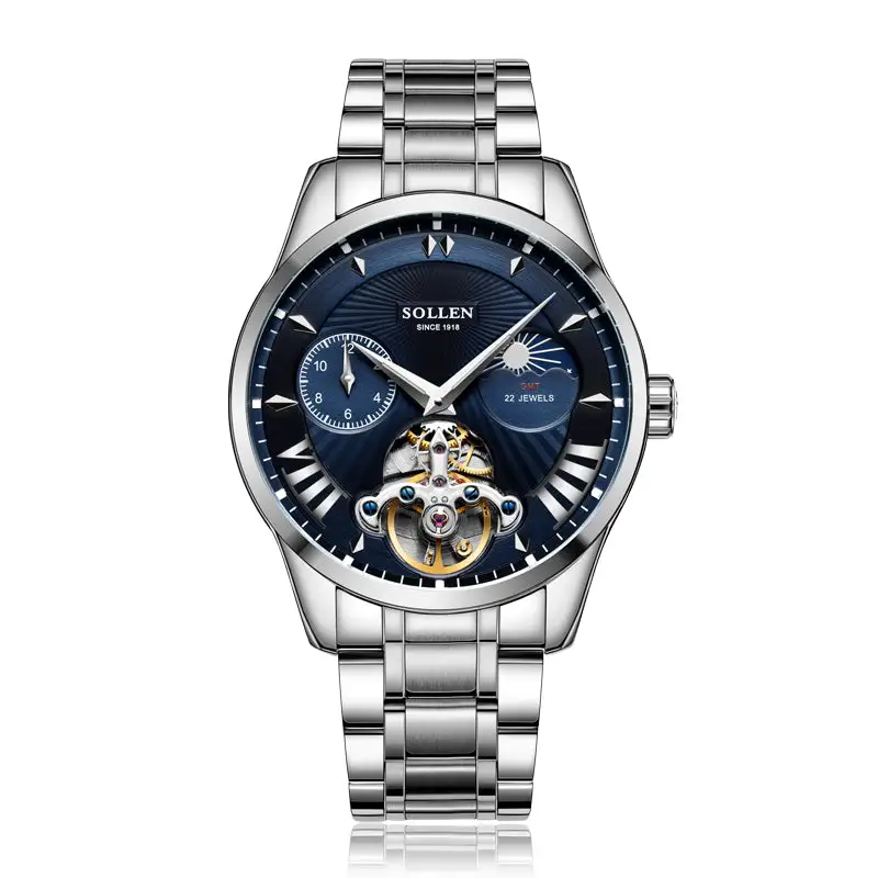 Sollen SL302 Men's Open Heart Automatic Mechanical Watch - 41mm Stainless Steel Case Moon Phase Dual Time Sunburst Dial Wristwatch