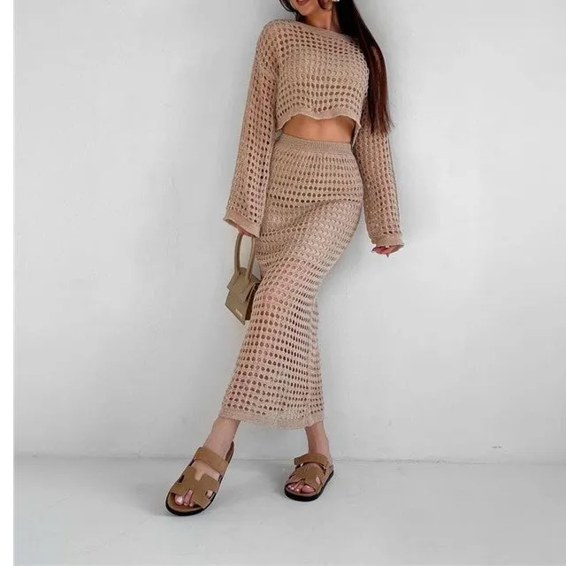 Structured Knit Lace Blouse And Long Skirt Set
