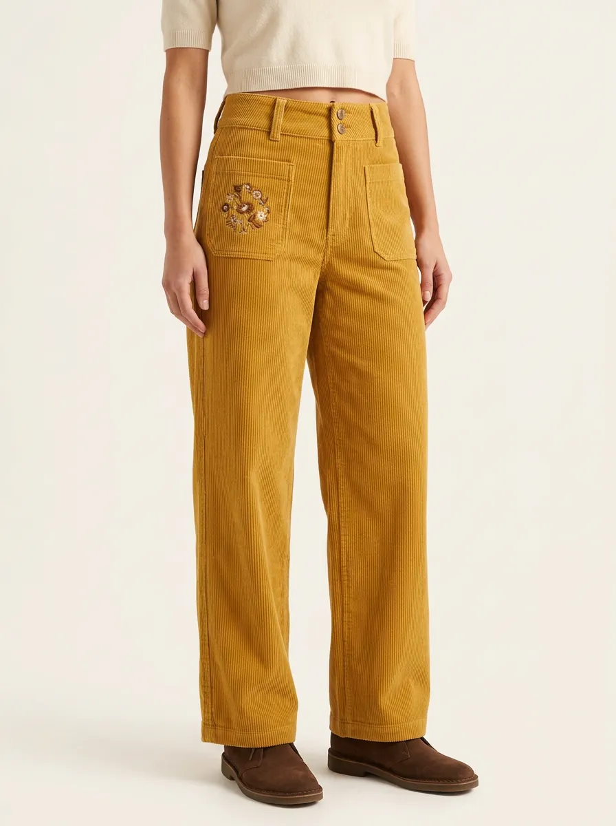 Women's Floral Embroidered Patch-Pocket Straight-Leg Corduroy Pants