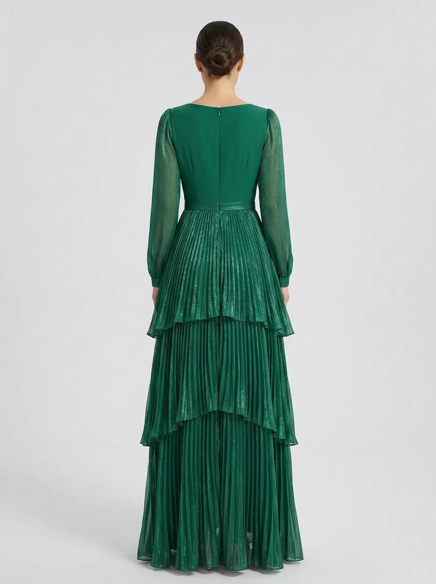 Women's Floral Beaded Pleated Tiered Maxi Evening Gown