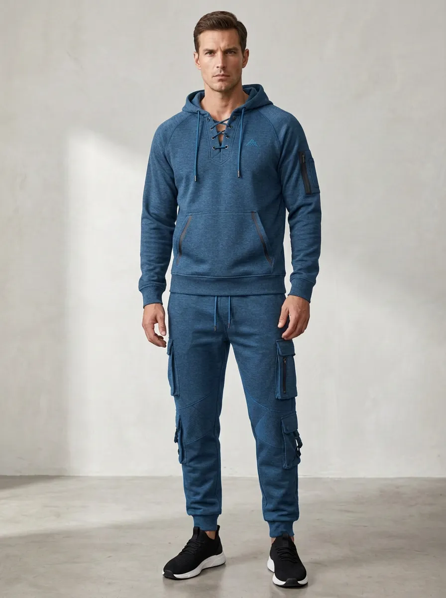 Core Lace-Up Multi Pocket Casual Look Men's Lace Up Hoodie And Cargo Jogger Set
