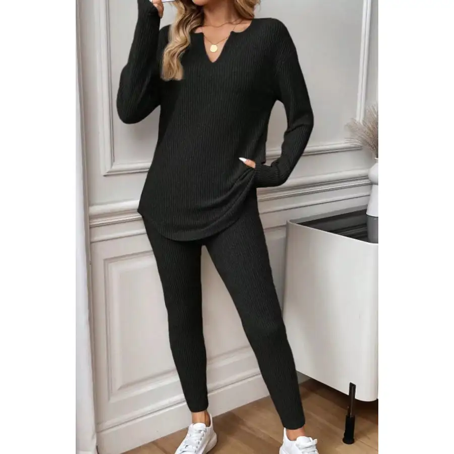 Notched Long Sleeve Top & Pants Set