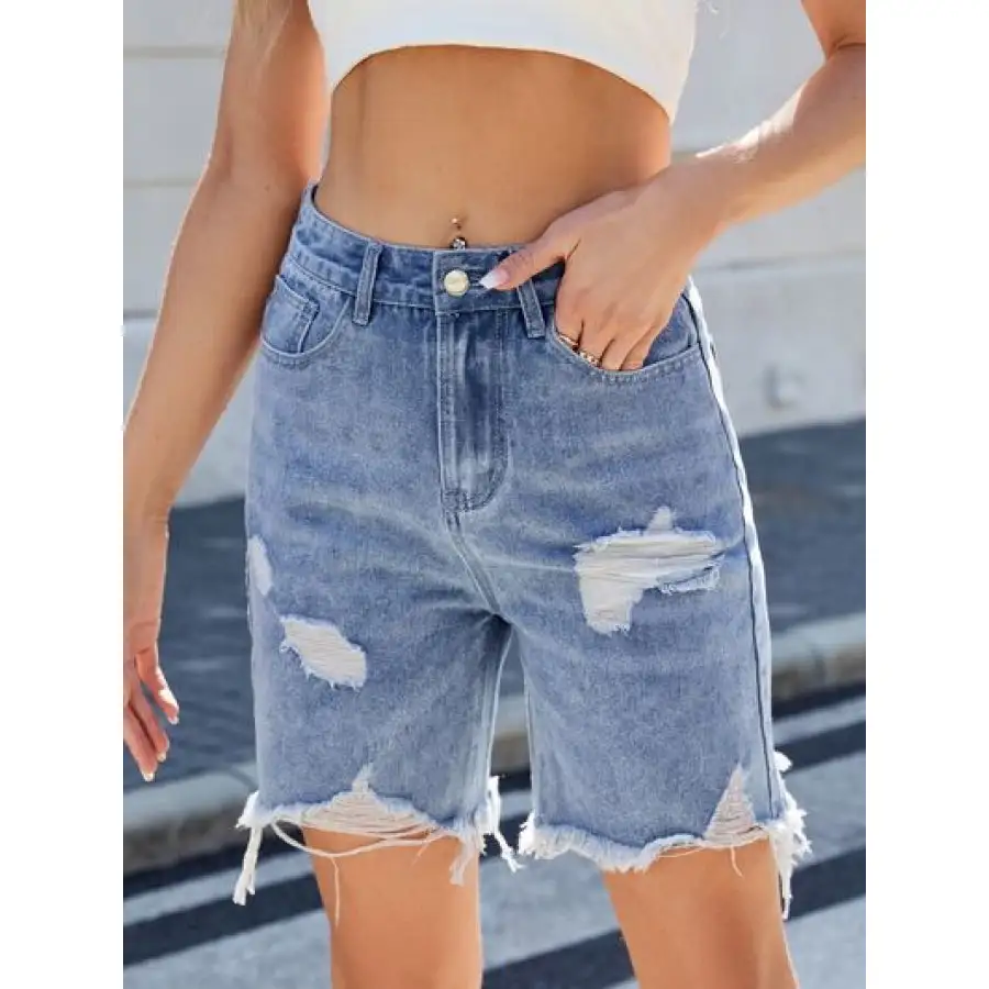 Casual Raw Hem Distressed Denim Shorts