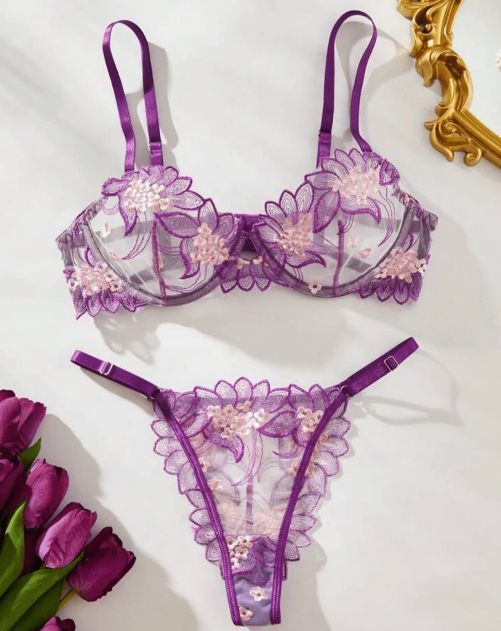Embroidered Floral Lingerie Set