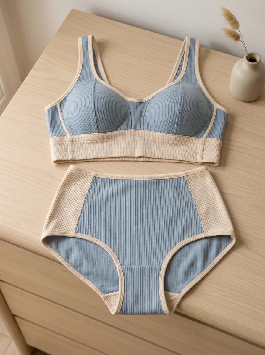 Women's Ribbed Contrast Trim Dusty Lingerie Set