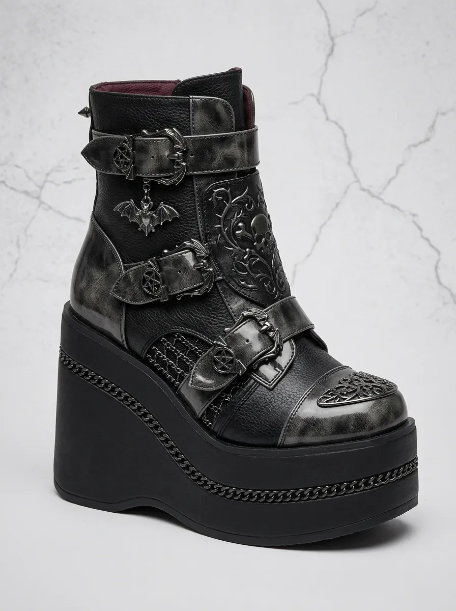 Mystic Pentagram Skull Bat Street Look Women's Gothic Platform Boots