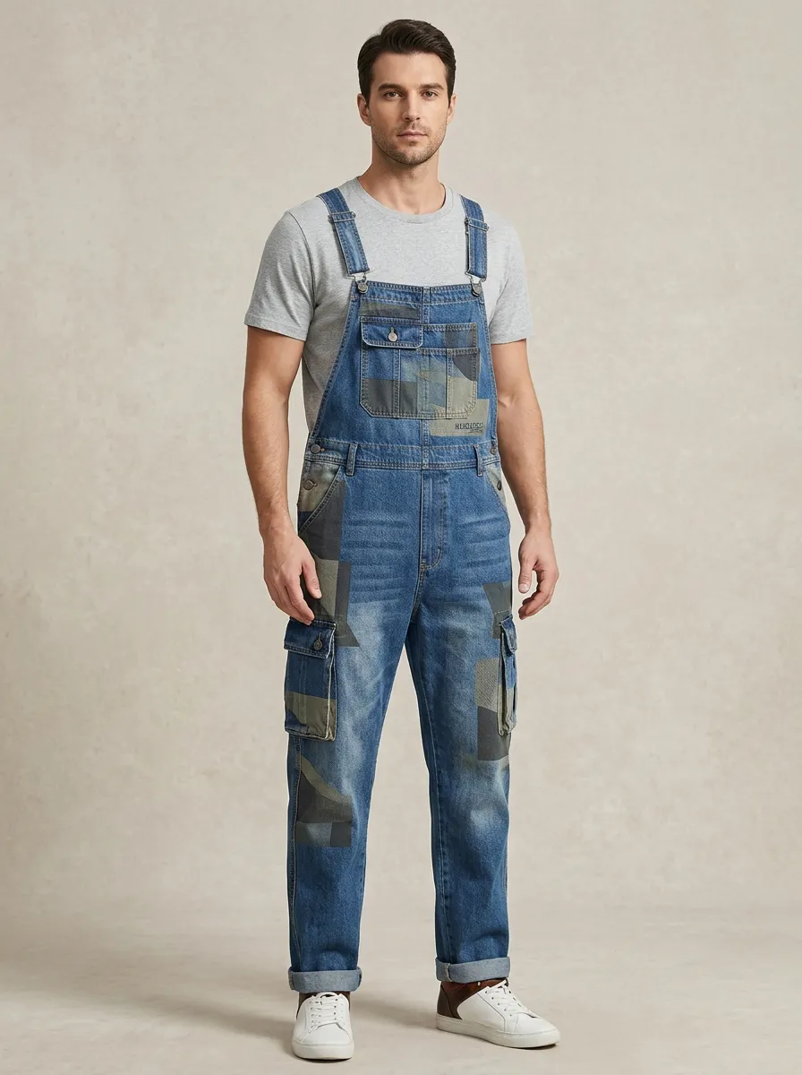 Patchwork Denim Cargo Button Flap Overalls