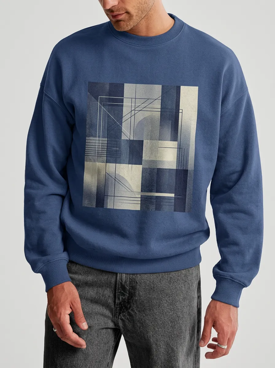 Abstract Geometric Art Graphic Crewneck Sweatshirt With Tonal Detail