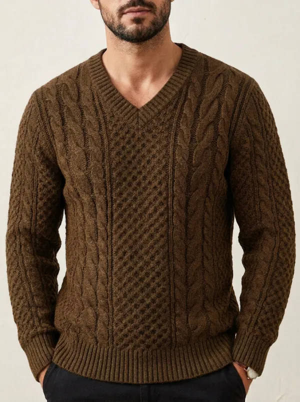 Men’s Ribbed Cable-Knit V-Neck Easygoing Sweater