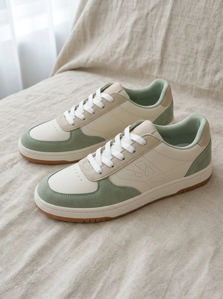 Women's Sage Green Beige Colorblock Geometric Embossed Sneakers
