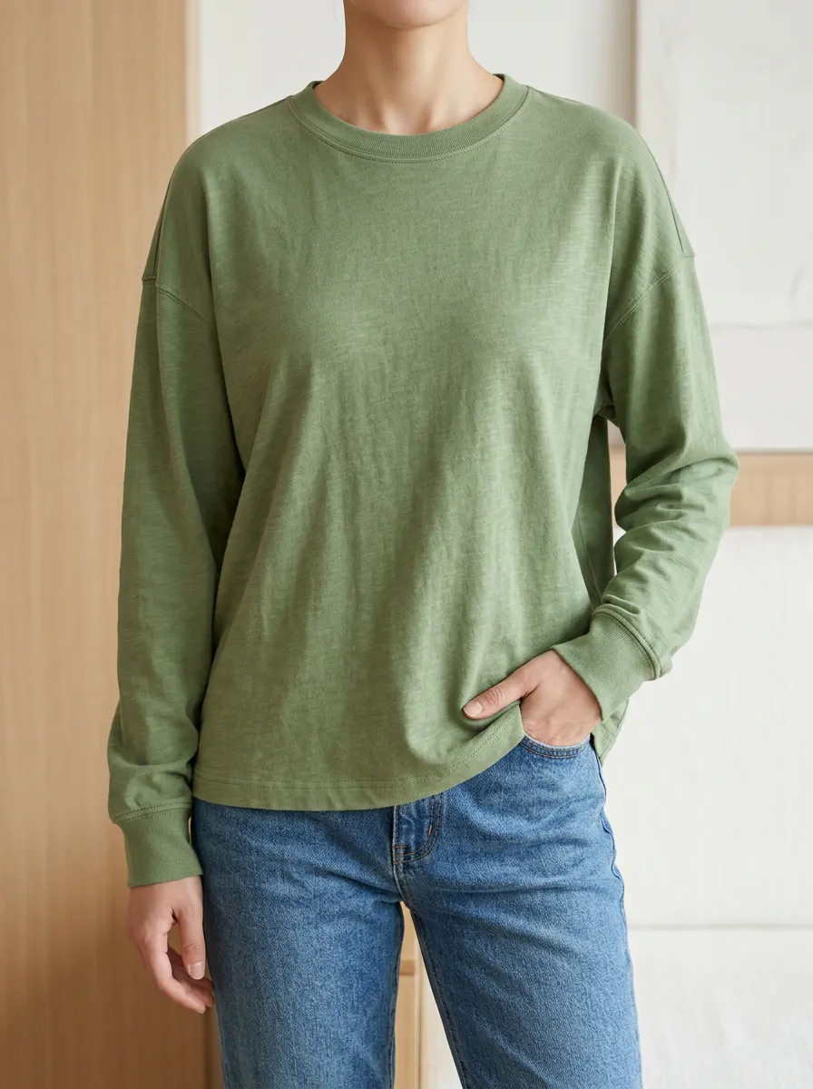 Casual Style Ribbed Texture Cotton Feel Women's Long Sleeve T Shirt
