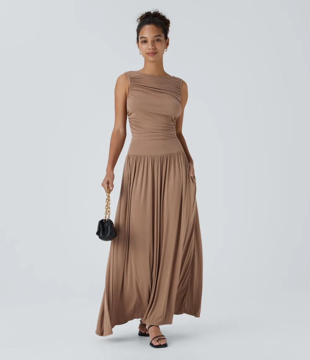 Ribbed Boat Neck Ruched Side Pocket Flowy Maxi Casual Dress