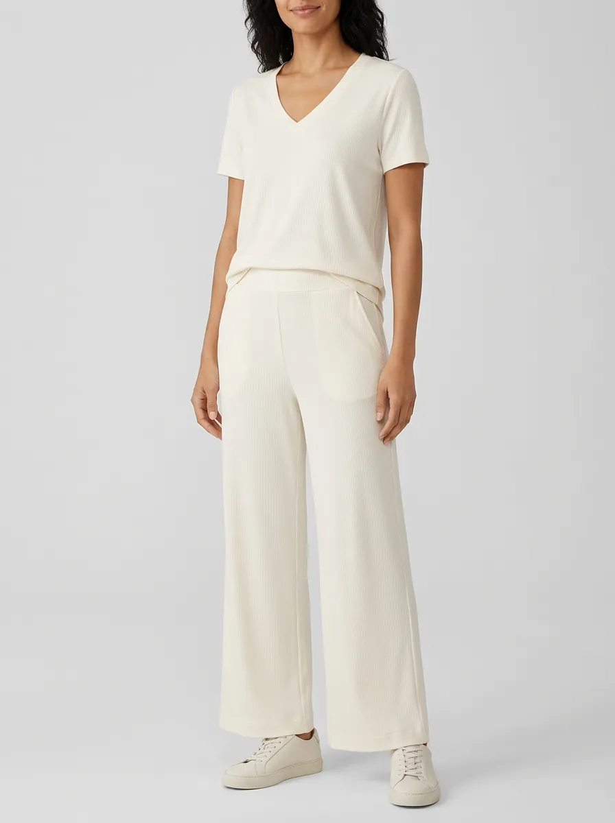 Women's Flat-Waistband V-Neck T-Shirt and Wide-Leg Pants Set