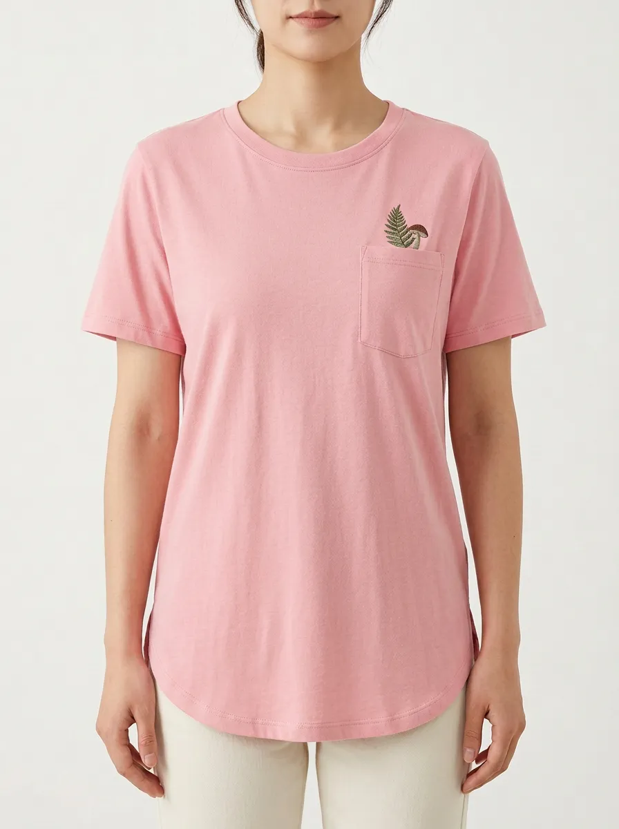 Women's Mushroom & Fern Embroidered Pocket Crewneck T-Shirt