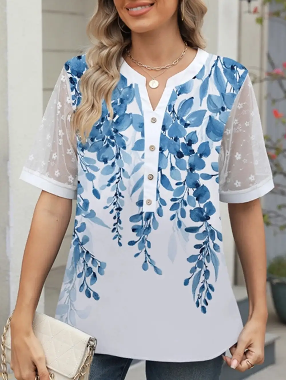 Printed Lace Detail Blouse