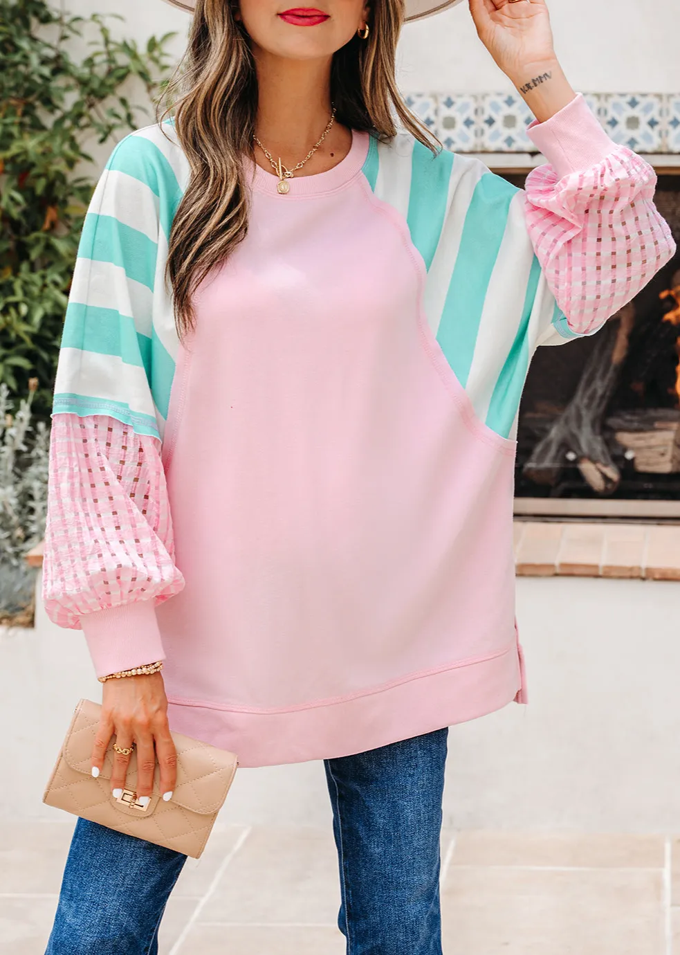 Women's Striped Colorblock Raglan Sleeve Pullover Top