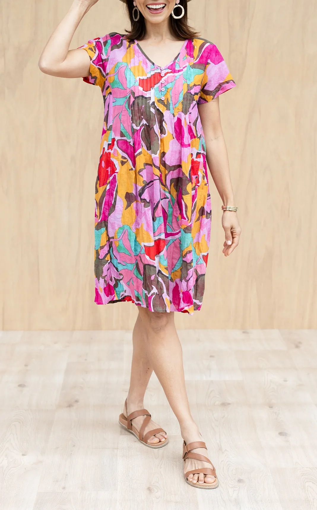 Above-Knee Floral Cotton Button-Front Pocket Pleated V-Neck Dress