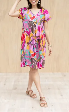 Above-Knee Floral Cotton Button-Front Pocket Pleated V-Neck Dress