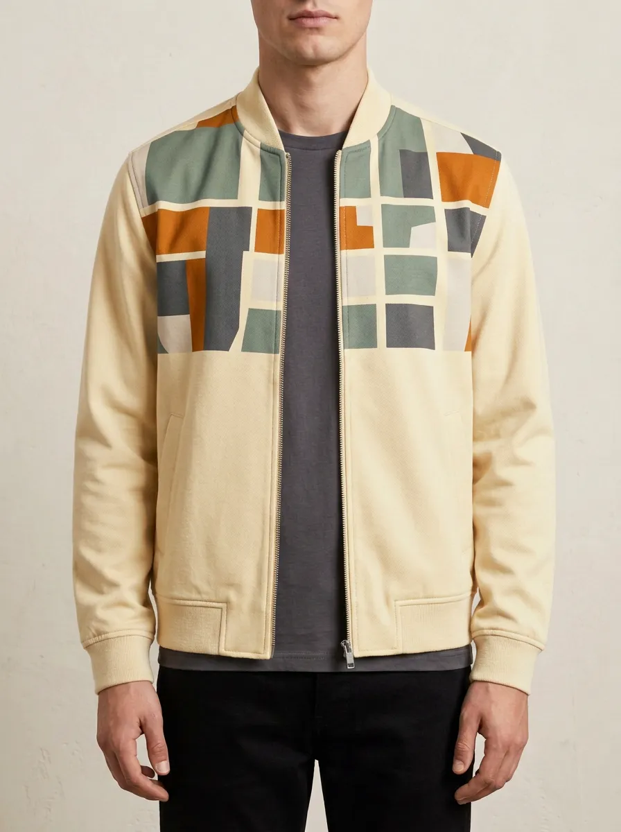 Geometric Print Baseball Collar Welt Pockets Bomber Jacket