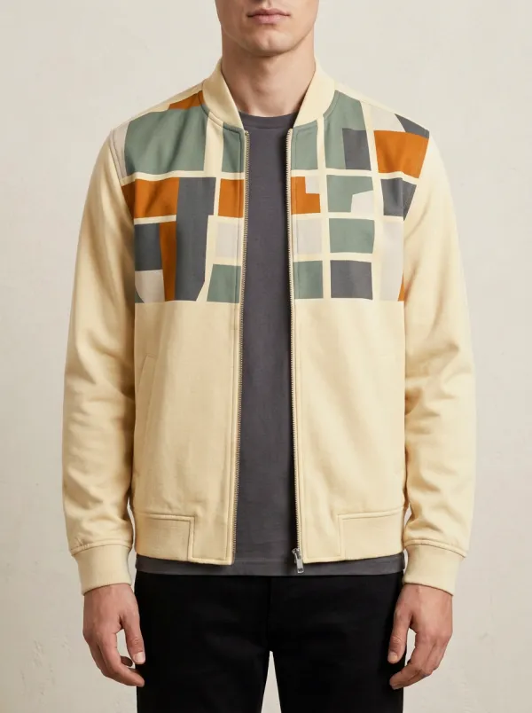 Geometric Print Baseball Collar Welt Pockets Bomber Jacket