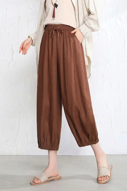 Refined Linen Wide Leg Cropped Elastic Waist Pocketed Trousers