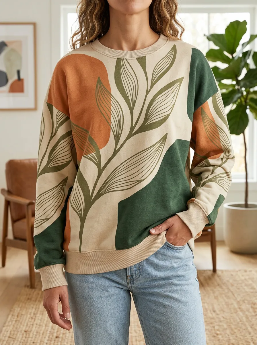 Women's Abstract Botanical Art Printed Fleece Crewneck Sweatshirt