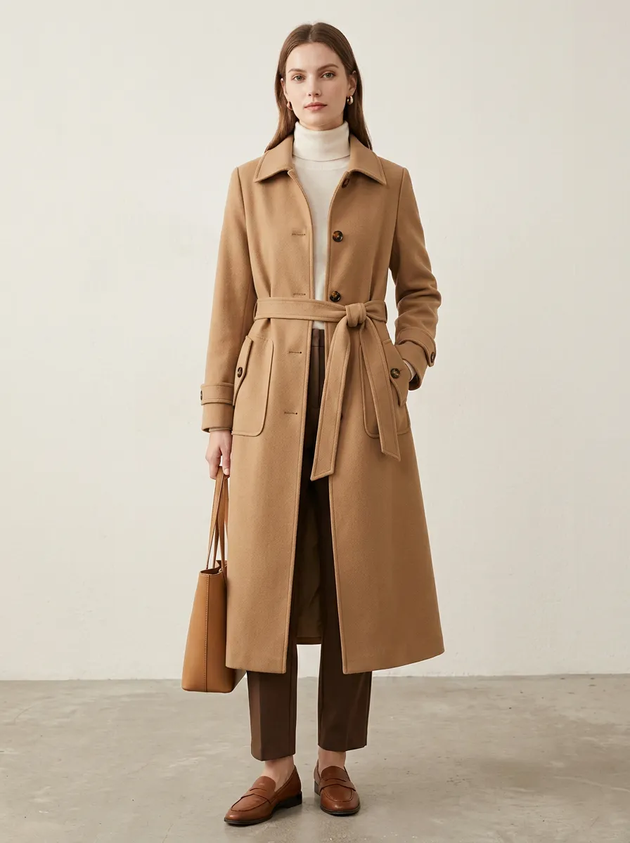 Women's Structured Belted Minimalist Long Trench Coat