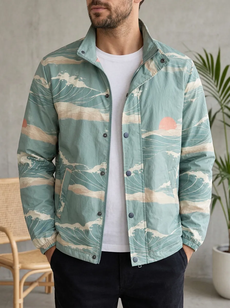 Men's Japanese Ocean Wave Sunset Rugged Weekend Jacket