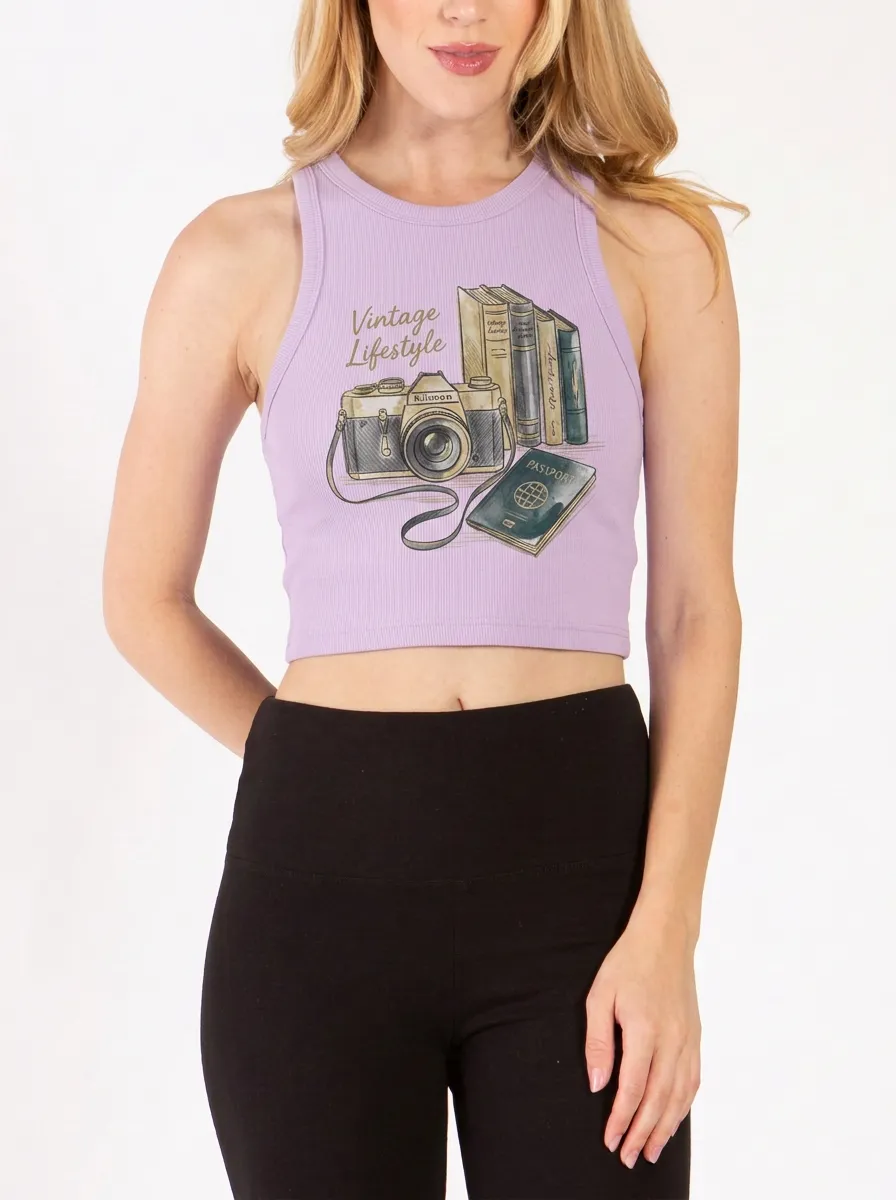 Women's Vintage Lifestyle Camera Books Passport Graphic Ribbed Crop Tank Top