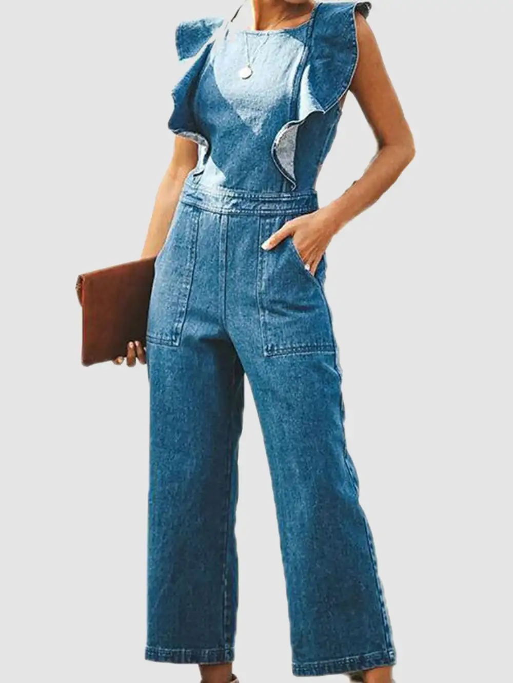 Ruffled Sleeveless Jumpsuit Denim Pants