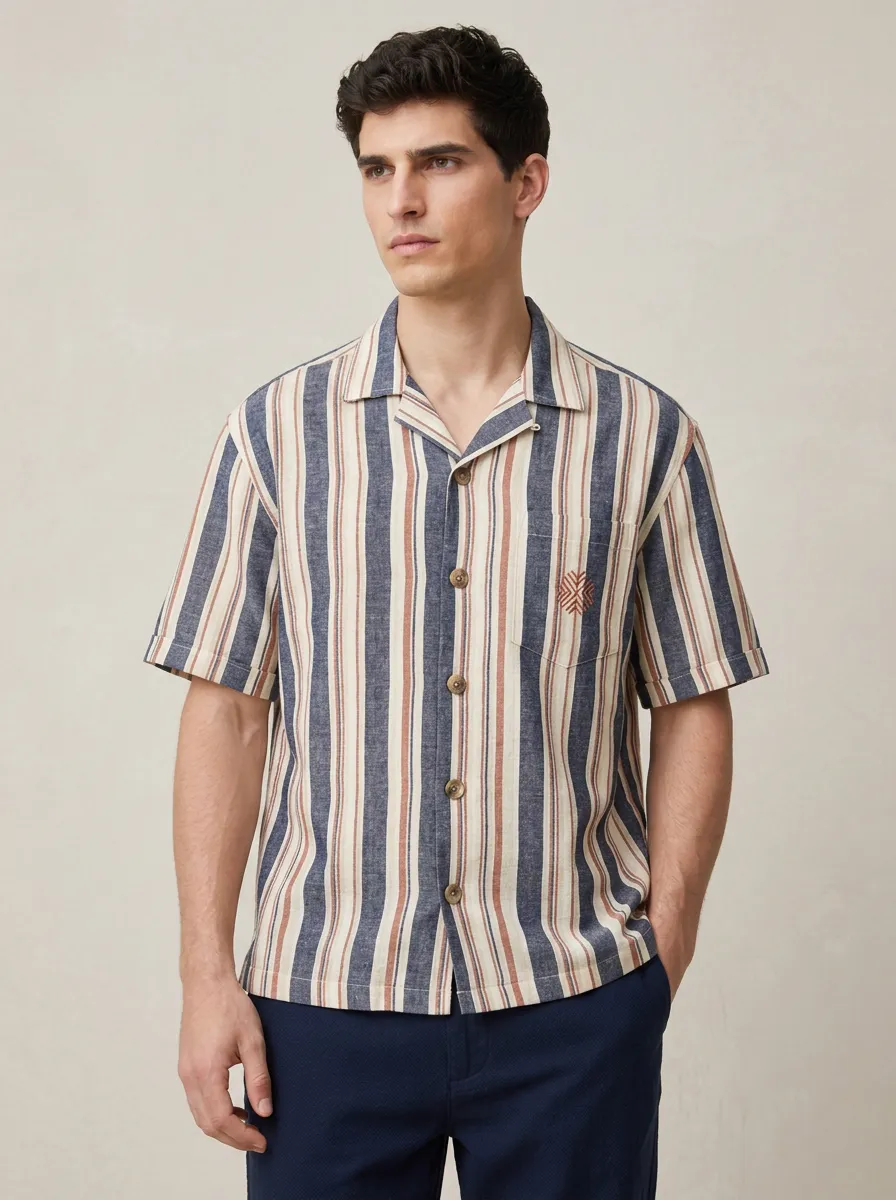 Men's Casual Summer Striped Geometric Embroidered Short Sleeve Shirt