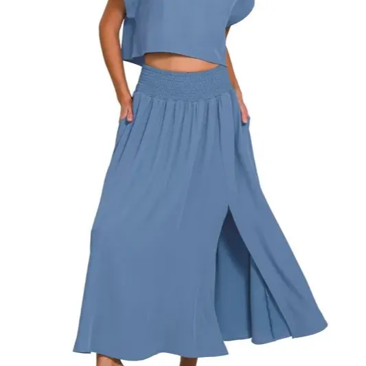 Woven Crinkle Gauze Crop Tee and Skirt Set