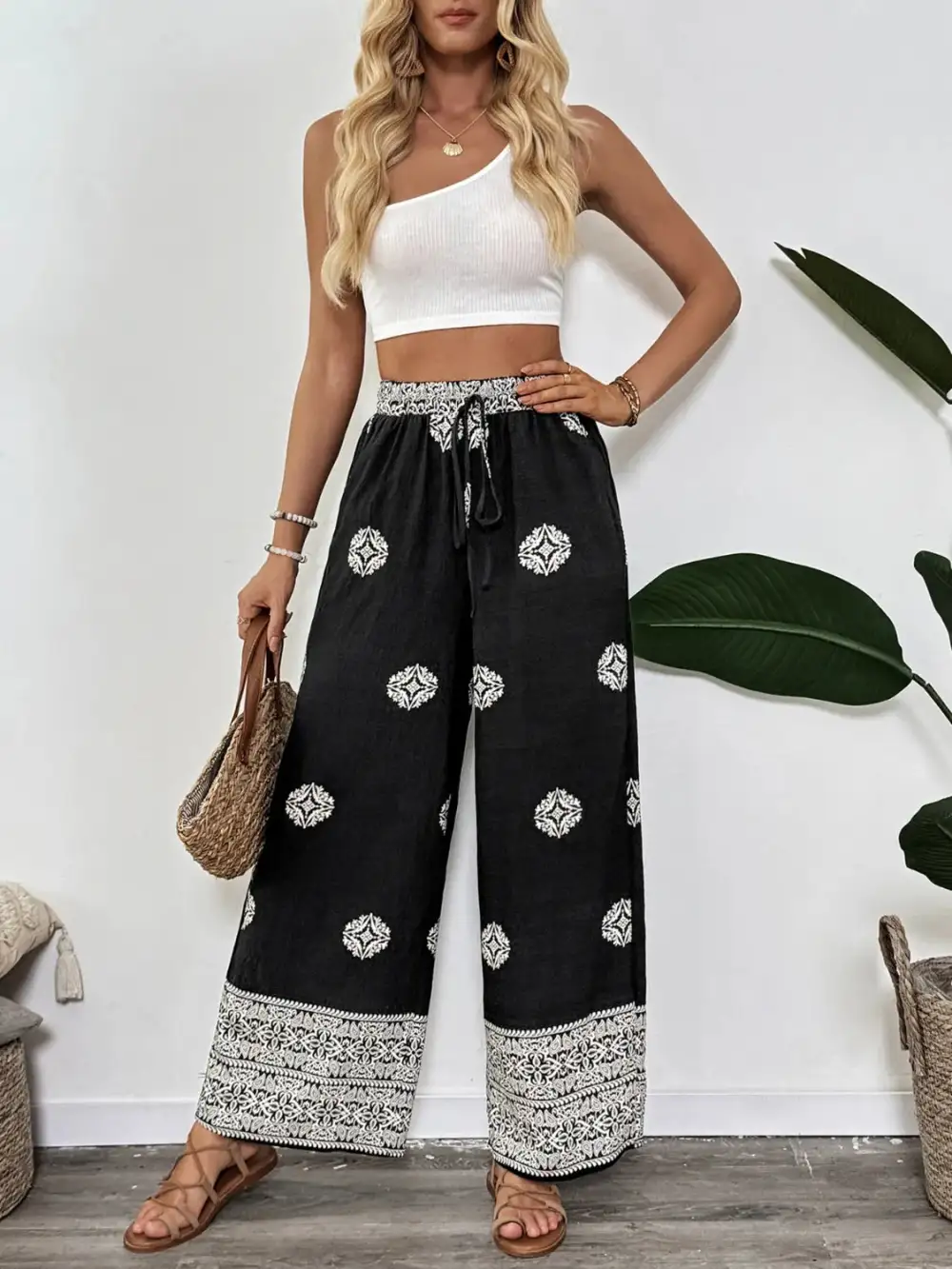 Relaxed Boho Print Wide Leg Pants