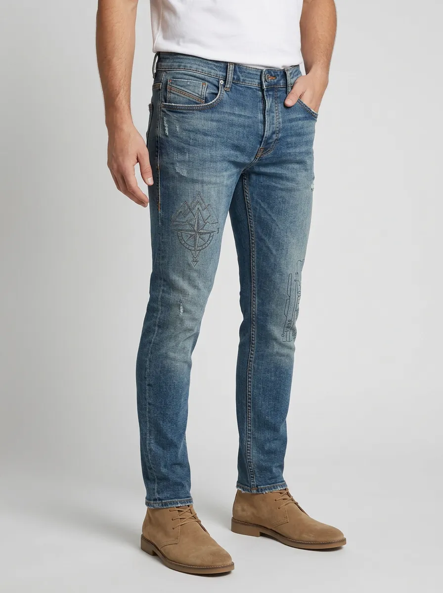 Men's Adventure Compass Mountain Printed Slim-Fit Jeans