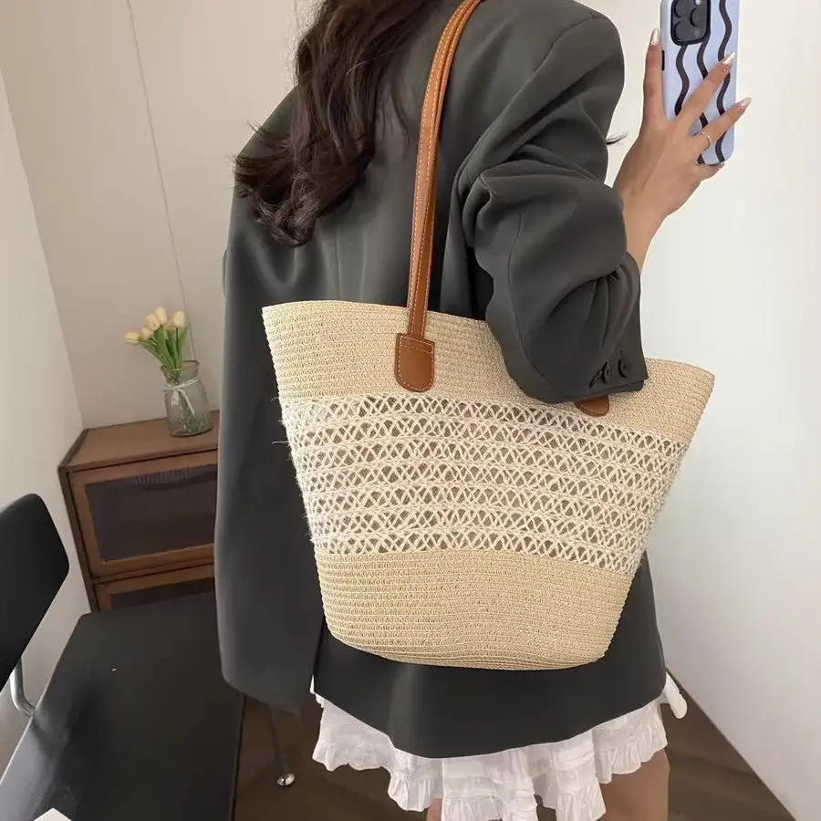 Structured Utility Straw Tote Bag