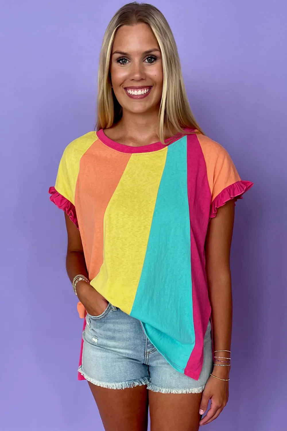 Rose Red Block Ruffled Crew Tee