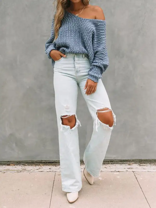 V-Neck Long Sleeve Relaxed Fit Pullover Sweater