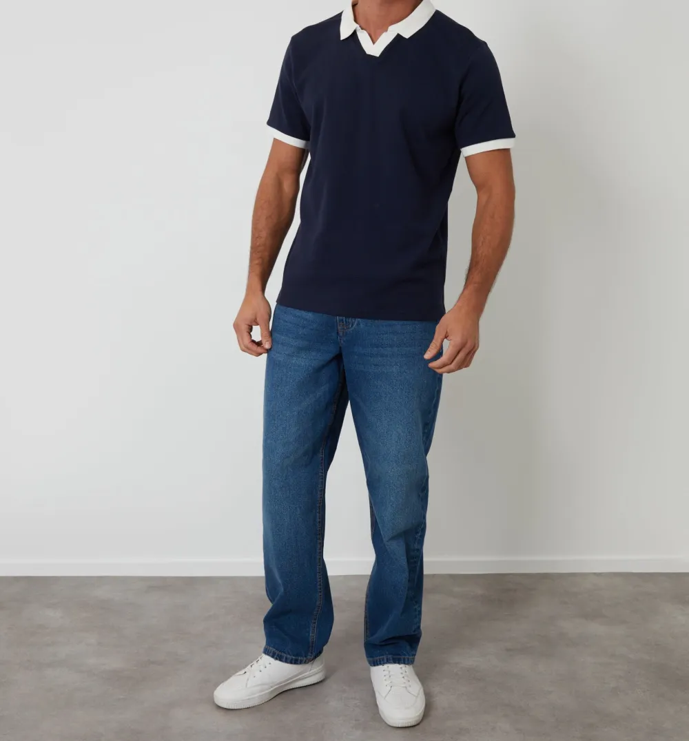 Men's Navy Open-Collar Waffle Polo Shirt
