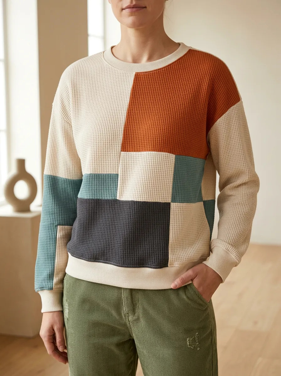 Women's Colorblock Geometric Pattern Patterned Waffle Knit Crewneck Sweatshirt