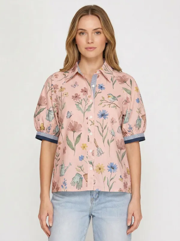 Women's Garden Lover Floral Bird Gardening Tools Graphic Blouse
