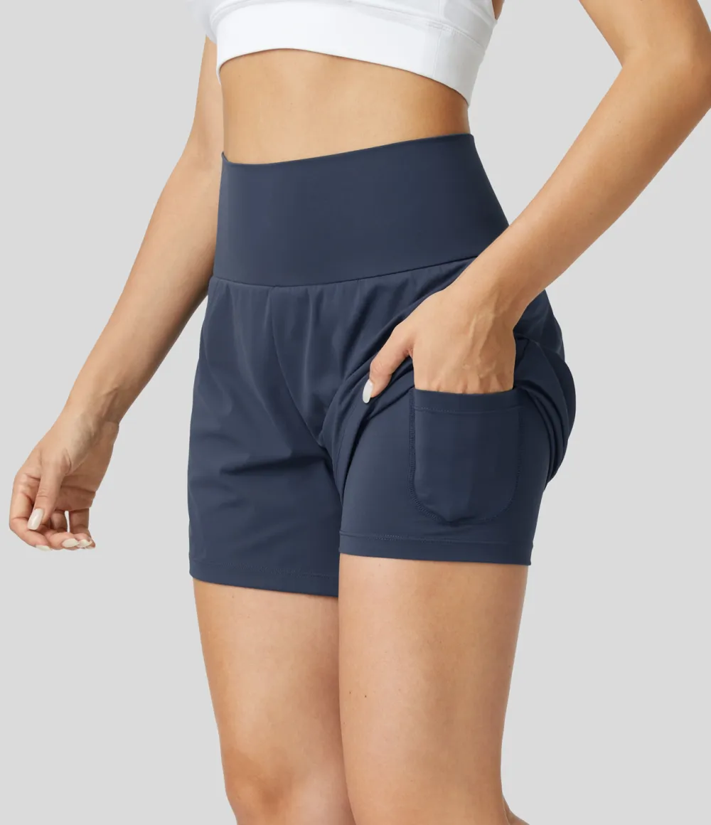 Super High Waisted Back Pocket & Side Hidden Pocket 2-in-1 Yoga Shorts 5''-Longer Length
