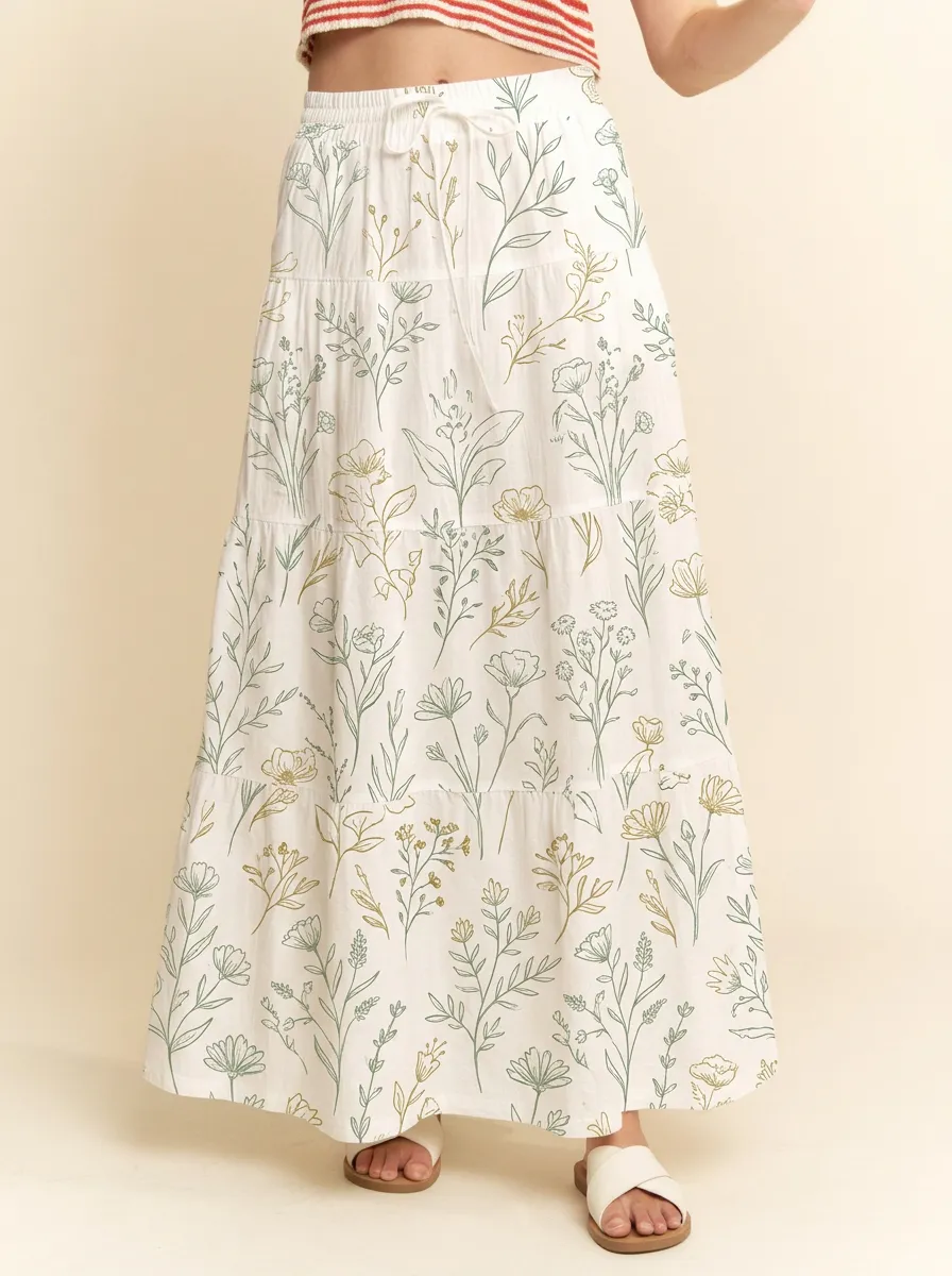 Women's Drawstring Boho Floral Botanical Printed Tiered Maxi Skirt