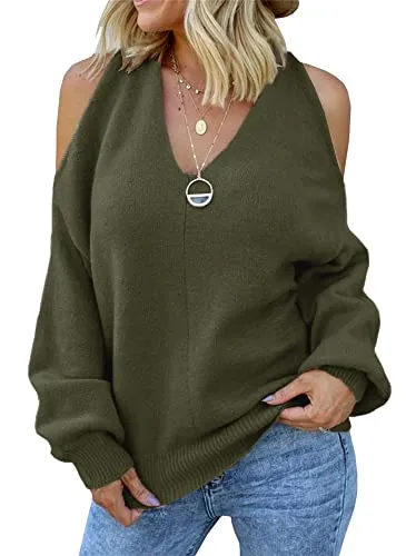 Women's Cold Shoulder Oversized Sweaters Batwing Long Sleeve Square Neck Chunky Knit Fall Tunic Sweater Tops