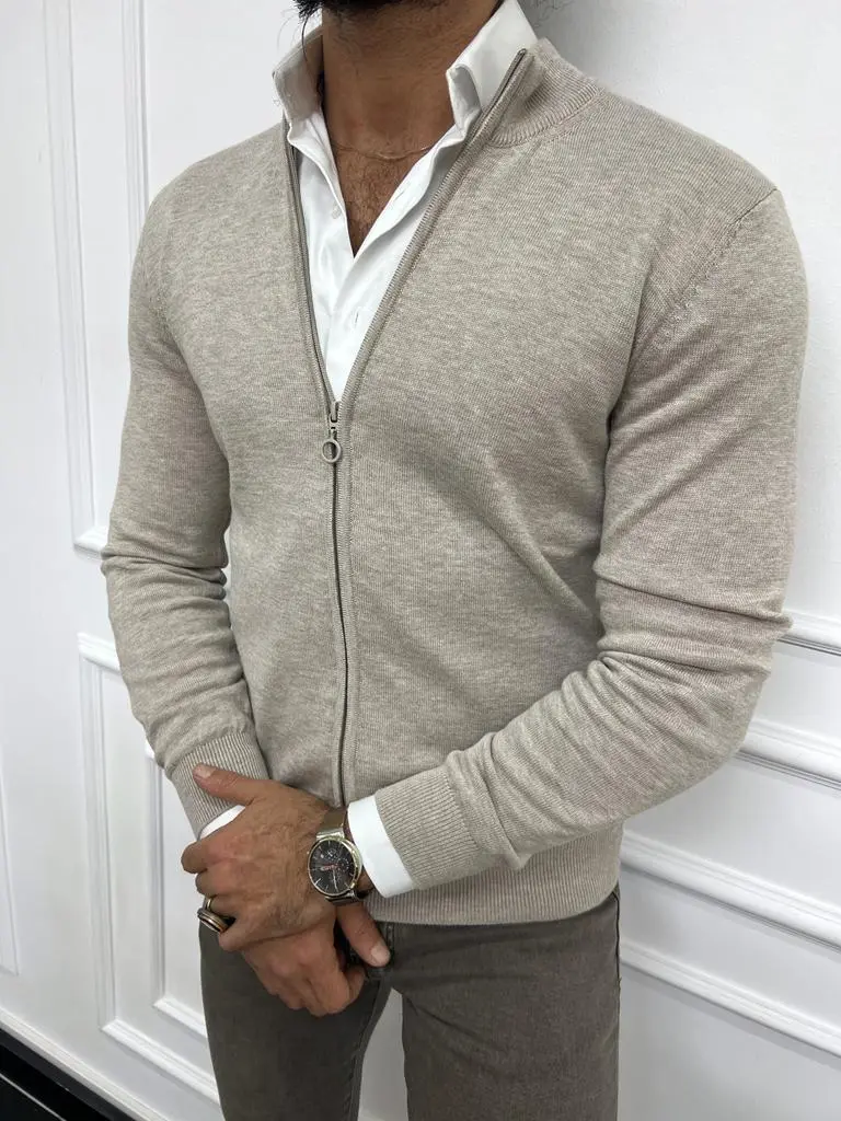Slim Fit Zip Detail V-Neck Knit Cardigan