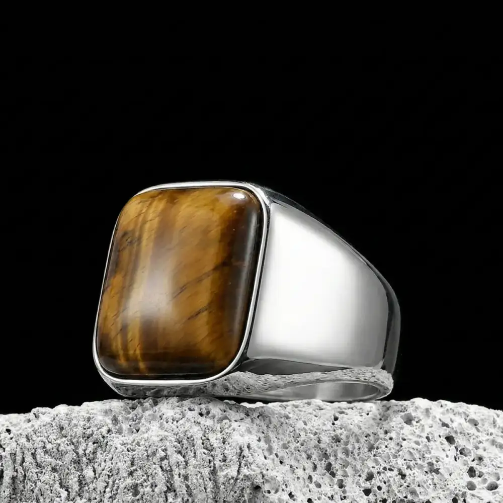 Men's Stainless Steel Square Tiger Eye Signet Ring
