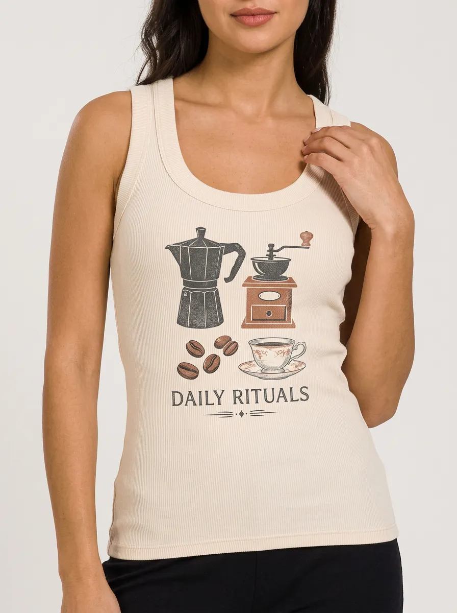 Women's Coffee Lover Daily Rituals Moka Pot Grinder Printed Tank Top